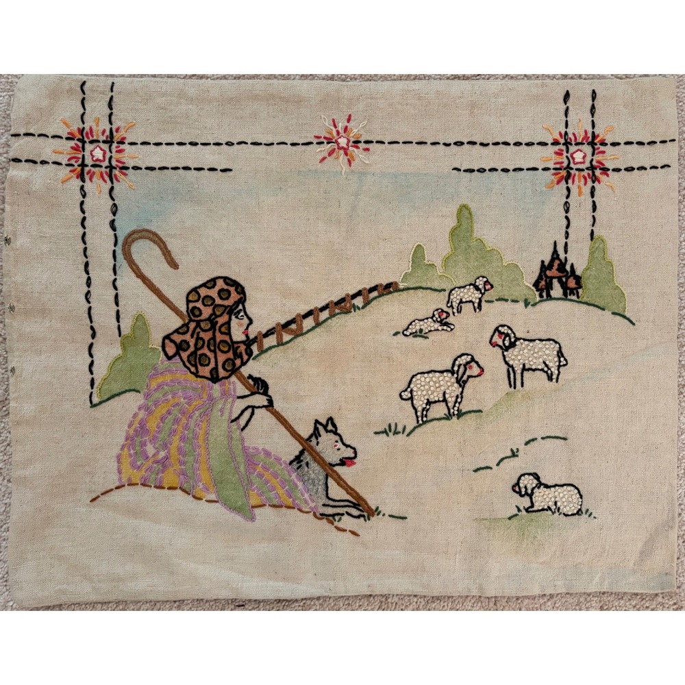Vintage Hand Embroidered Linen Shepherd & Sheep Pastoral Folk Art Pillow Case